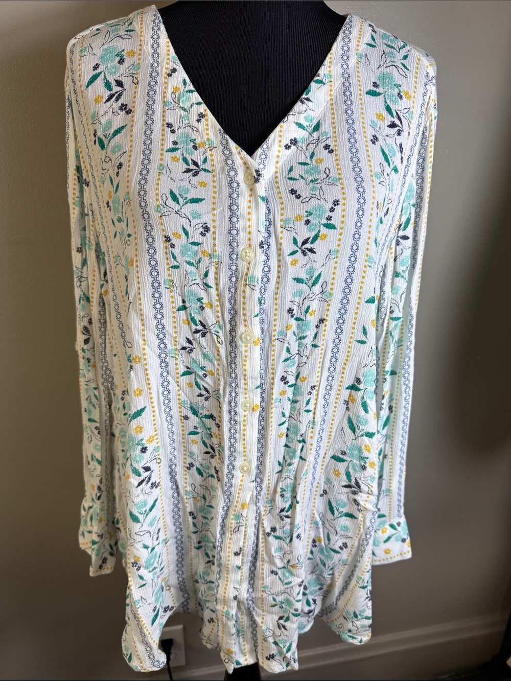 Style & Co Women’s Floral Stripe Button-Front Top - White/Blue/Green/Yellow Sz L